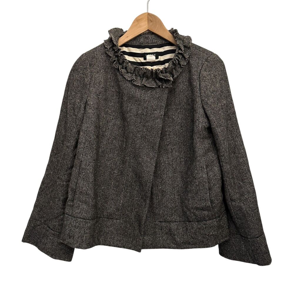 J. Crew Grey Tweed 100% Wool Silk Lined Ruffle Collar Preppy Jacket Size 6